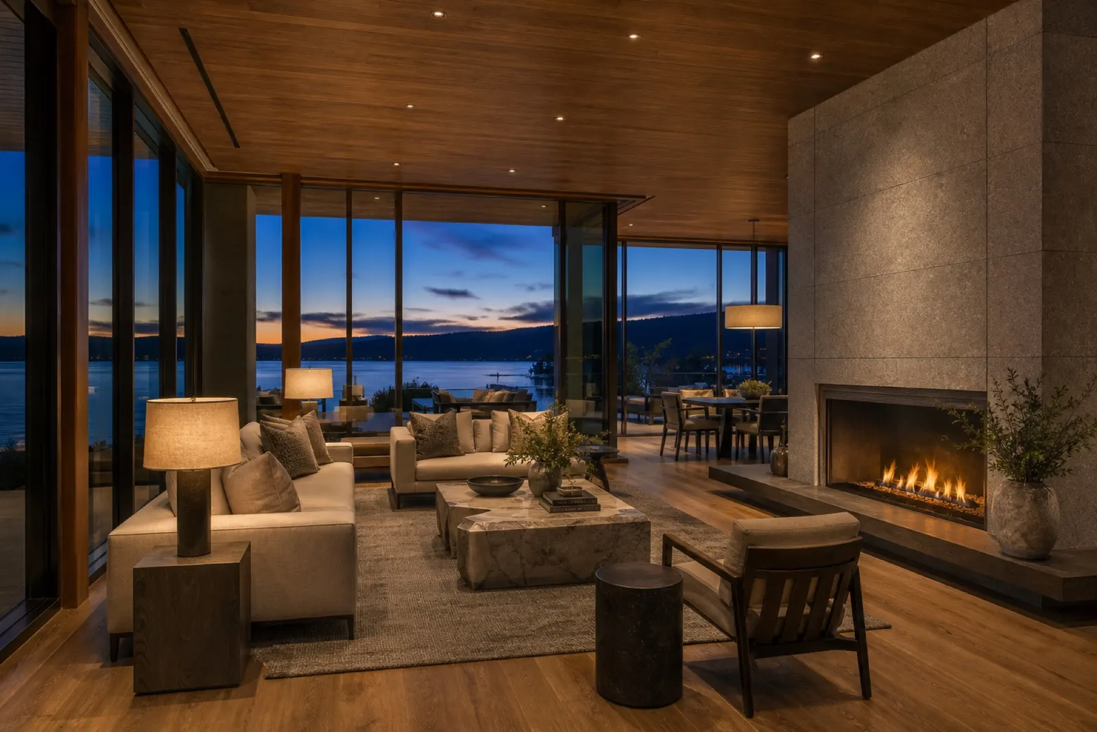 Great room with a stone fireplace and floor-to-ceiling windows over the lake at dusk