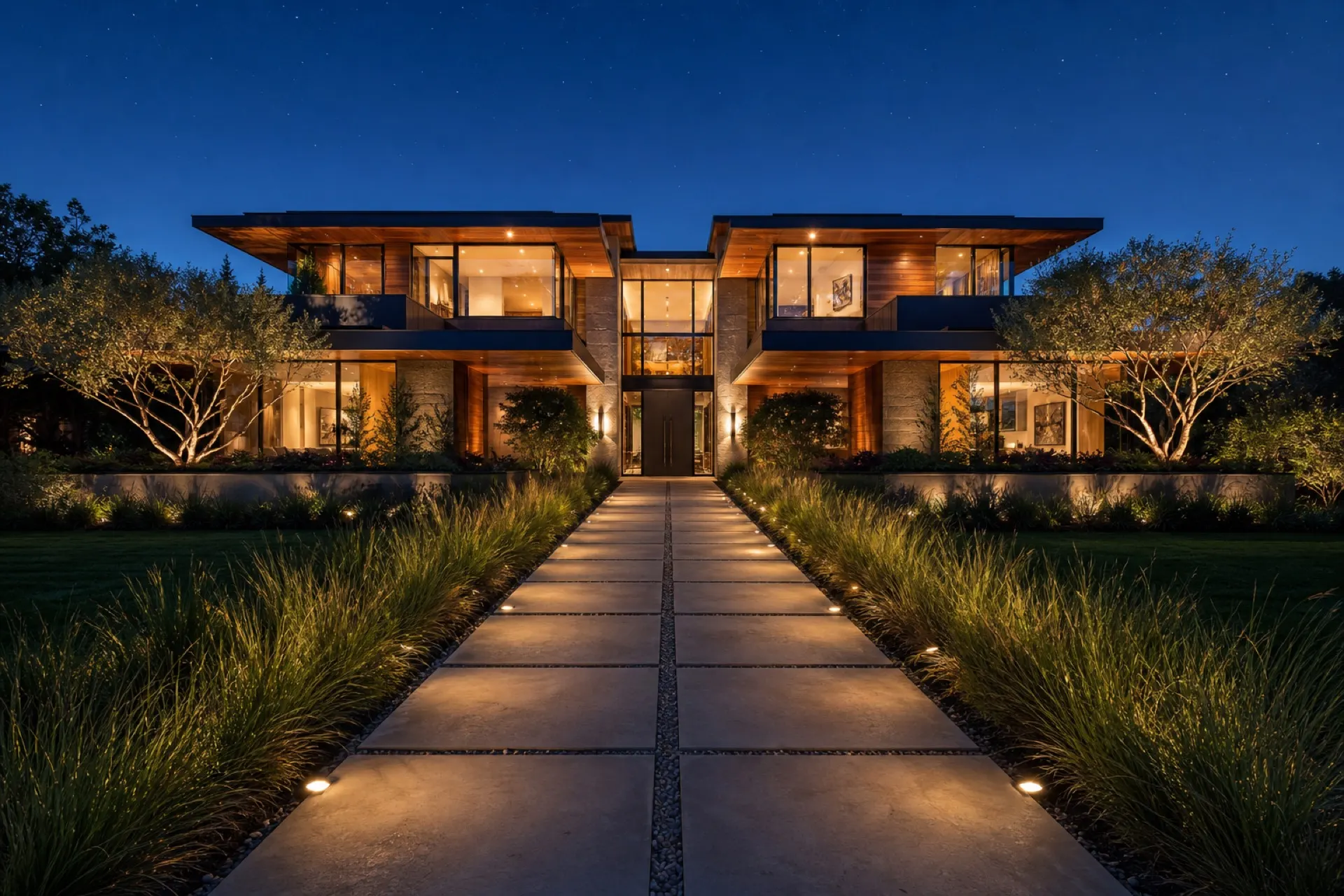Modern luxury home at dusk seen from the end of its lit stone walkway